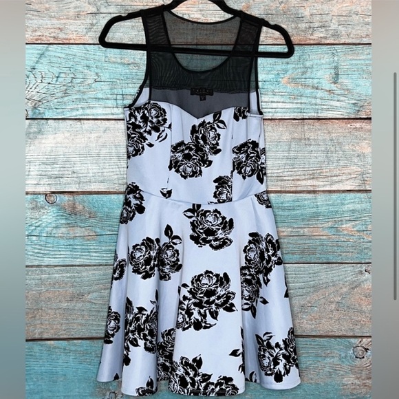 Trixxi Mesh Illusion Dress M Mini Sweetheart Textured Flocked Flare Blue Floral - Picture 1 of 14